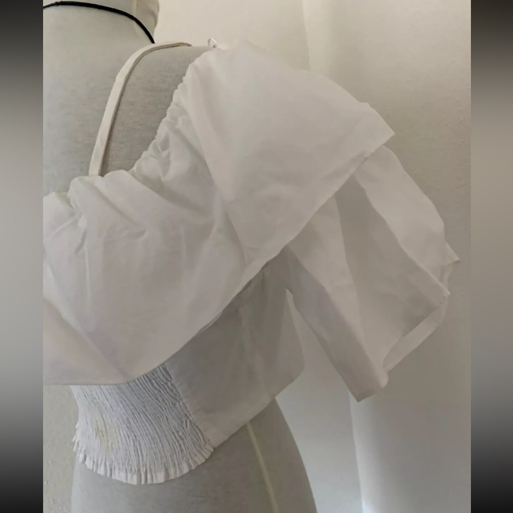 ZARA Womens Junior Girls Size L White Cropped Top Blouse Short Ruffle Sleeve - Picture 12 of 16